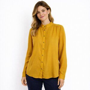 Everly Mustard Mandarin Collar Blouse Button Up Boho Chic Lightweight Womens M